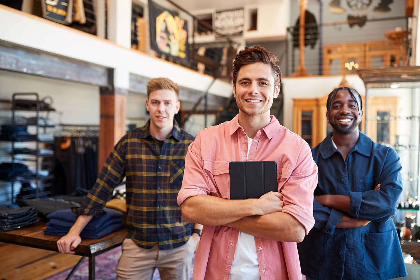 smiling sales team members at a retail shop